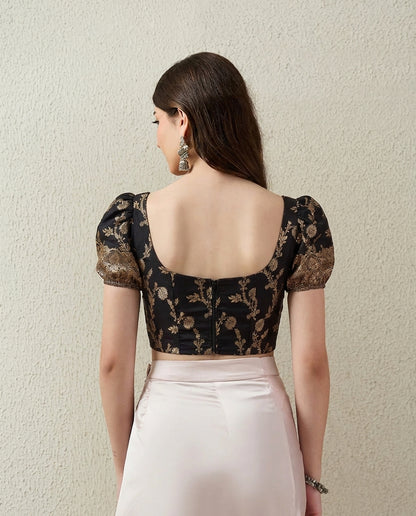 Black Puff Sleeves Brocade Corset Top