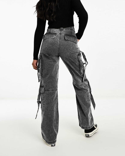 bottomwear,cargos,casual,summer, streetwear, urban fit,woven,denim,washed jeans, washed effect,ash grey,multi pocket, patch pocket, side pockets, utility pocket,straps,baggy fit,wide leg,full length,NA,high rise