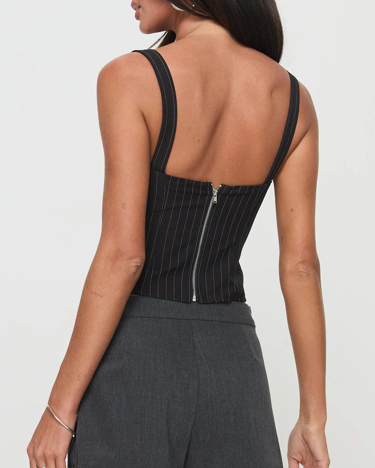topwear,tops,outdoor events,minimal, summer,woven,polycotton,black,pinstripes,pinstripes,hook,skinny fit,corset,regular,straight hem,square neck,shoulder strap,sleeveless,PINSTRIPES BLACK CORSET FIT TOP,OY1709,25010057GG