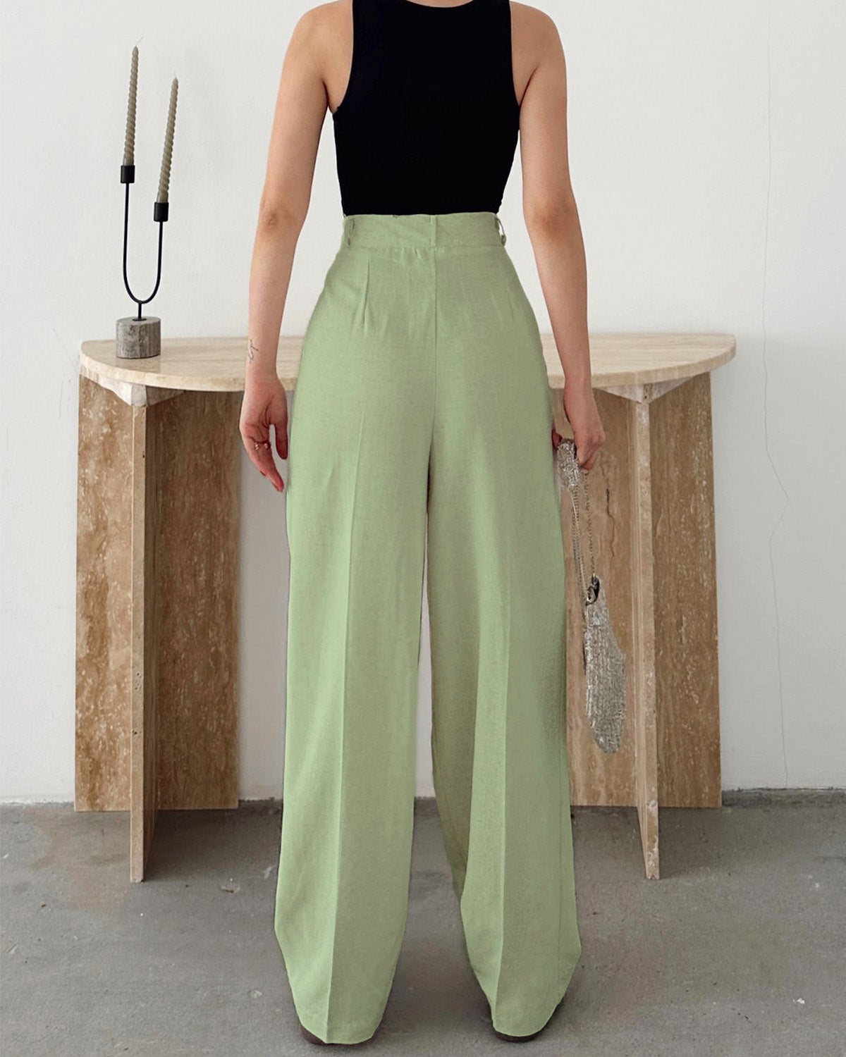 INVERTED PLEAT SOLID PANTS,Color: Pista
Fabric: 95% poly 5% spandex
Fit: Tailored Fit 
Length: Full Length (41")
Waist: High Rise 
Closure: Zip & Button
No. of Pockets: 2
Print: Solid,pants,bottomwear,pants,semi-formal,workwear,stretchable,polyester, spandex,pista,pleated,tailored fit,straight,full length,high rise