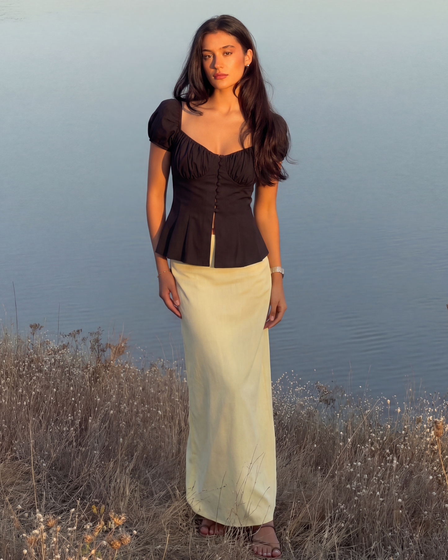 Black Button Up  Ruched Peplum Top