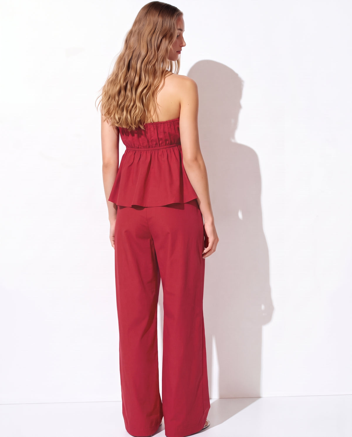 Cherry Red Bandeau Top And Pants Co Ord Set