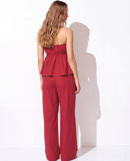 Cherry Red Bandeau Top And Pants Co Ord Set