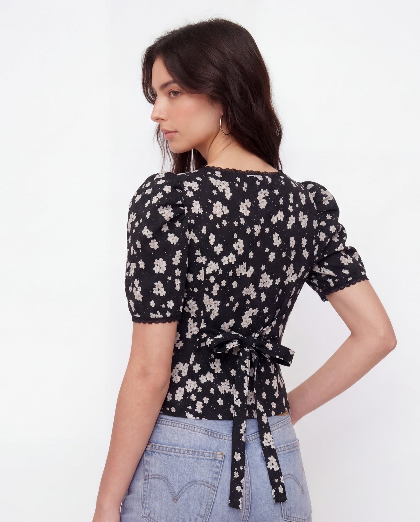 Black Florals Lace-Trim Fitted Button-Up Top