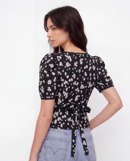 Black Florals Lace-Trim Fitted Button-Up Top
