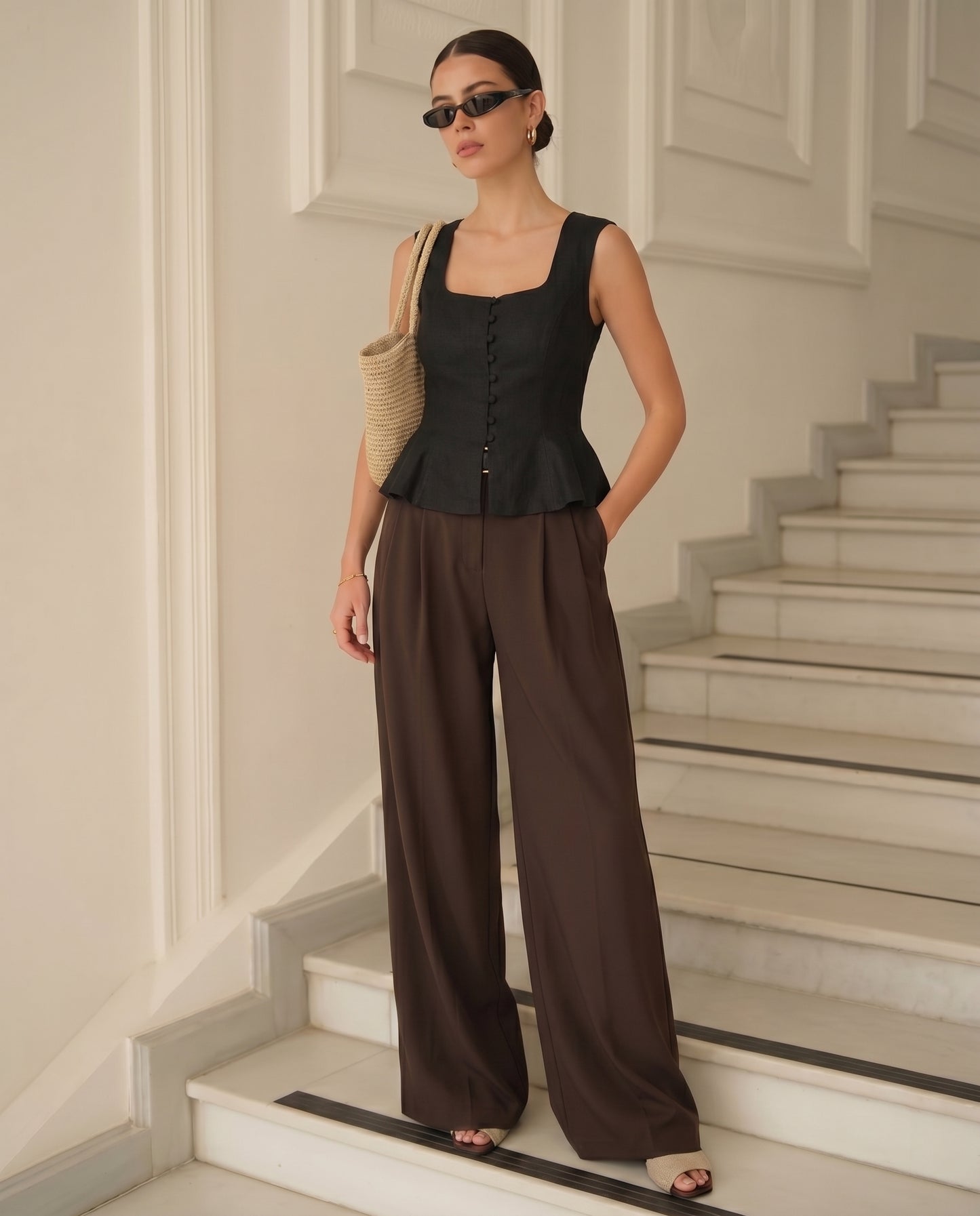 Black Buttoned Peplum Top and Dark Brown Pleated Pants With Belt
