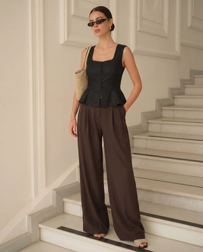 Black Buttoned Peplum Top and Dark Brown Pleated Pants With Belt
