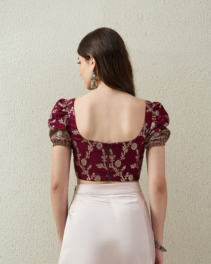 topwear,tops,ethnic, indo-western,ethnic wear, festive wear, indian wear, summer, casual,woven,poly,brocade,purple,floral pattern,panelling,zipper,skinny fit,slim fit top,crop length,curved hem,square neck,no straps,puff sleeves,short sleeves, OY2102, 25070043GG