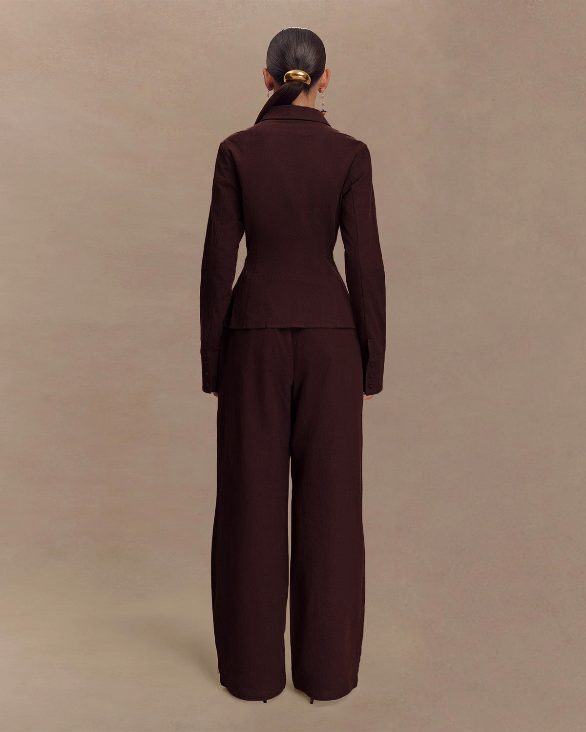 coord sets,bottomwear, topwear,casual chic, outddoors, vacation, lunch date, summer,urban fit, genz, minimal,woven,cotton,,,dark brown,solid,,,beads,regular fit top,front slit top,longline top,straight hem,lapel collar,no straps,long sleeves,full sleeves,tie up top,pants,wide leg pants,full length,straight hem,mid rise waist,side pockets, OY3052, 25070023GG
