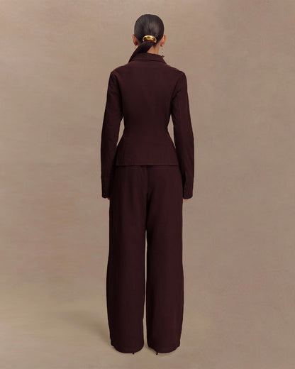 coord sets,bottomwear, topwear,casual chic, outddoors, vacation, lunch date, summer,urban fit, genz, minimal,woven,cotton,,,dark brown,solid,,,beads,regular fit top,front slit top,longline top,straight hem,lapel collar,no straps,long sleeves,full sleeves,tie up top,pants,wide leg pants,full length,straight hem,mid rise waist,side pockets, OY3052, 25070023GG