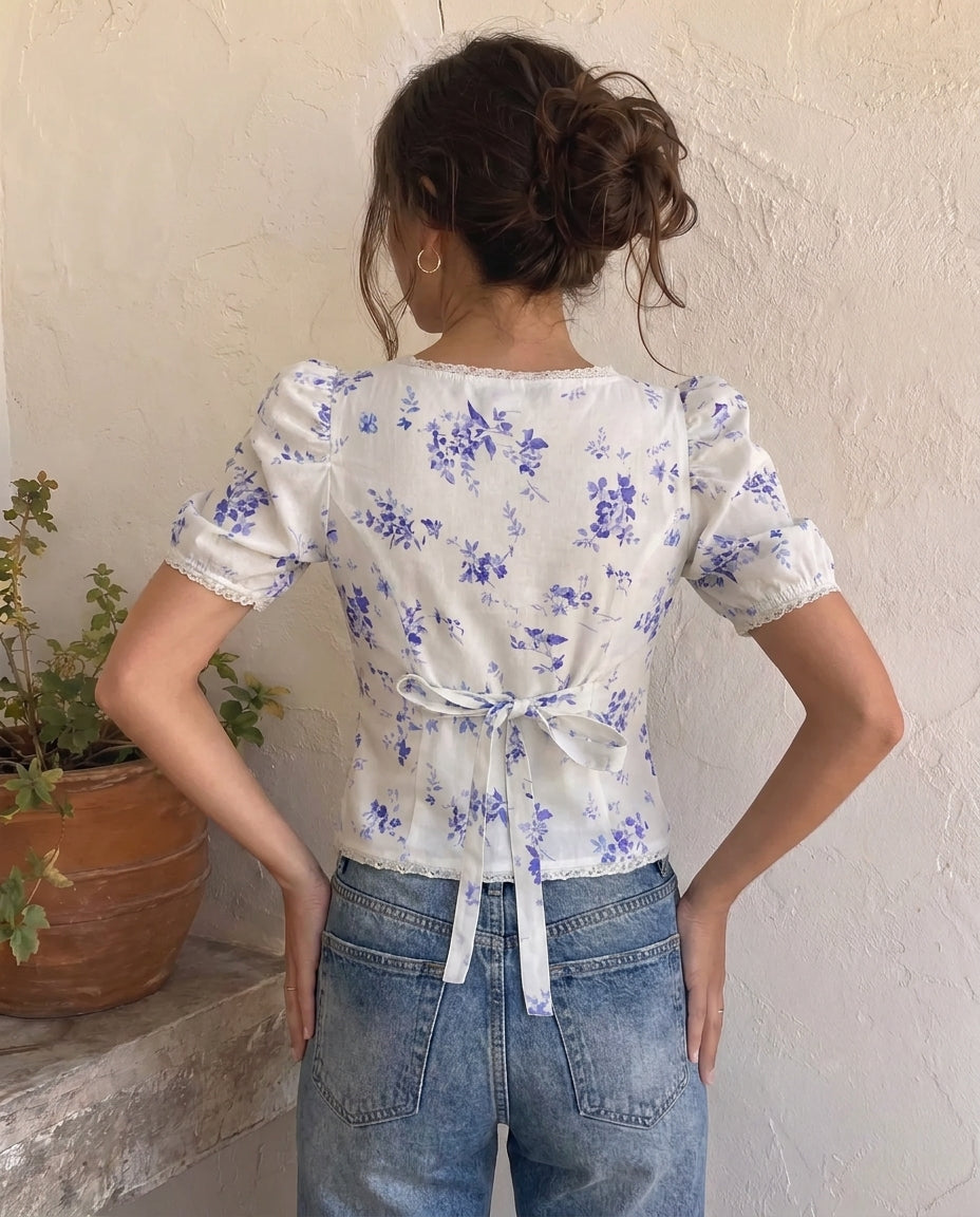 White Florals Lace-Trim Fitted Button-Up Top