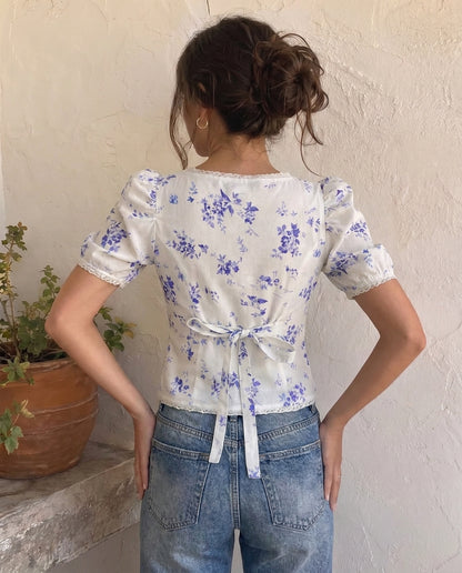 White Florals Lace-Trim Fitted Button-Up Top