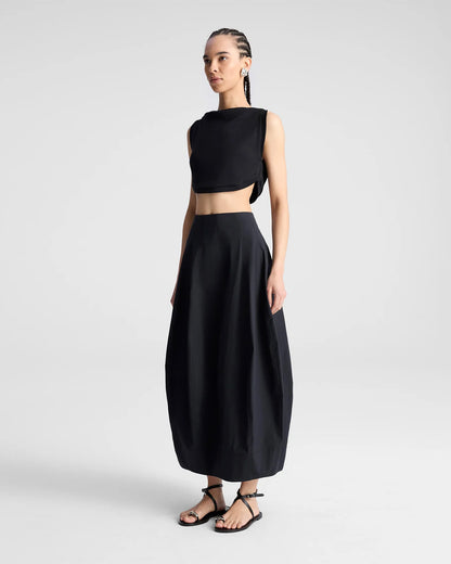 coord sets,bottomwear, topwear,casual chic, vacation, outdoor events, summer,genz fit,woven,cotton,panels,black,solid,panelling,,,relaxed fit top,tank top,crop length top,curve hem top,boat neck,no straps ,no sleeves,sleeveless,slip on,skirts,bubble skirt,full length,bubble hem,mid rise waist,side pockets, OY3059, 25070028GG