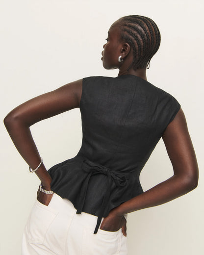 topwear,tops,semi-formal, vacation, outdoor events,minimal, sophisticated, summer,woven,cotton,black,solid,flounce,button,slim fit,peplum,waist length,flounce hem,square neck,shoulder strap,sleeveless, OY1909, 25060009GG
