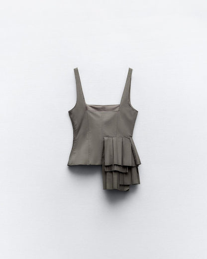 topwear,tops,casual, outdoor events,summer, streetwear,woven,cotton twill,,moss green,solid,pleated,zipper,tailored fit,fitted,waist length,asymmetric hem,square neck,shoulder strap,sleeveless,25040024GG, OY 1202