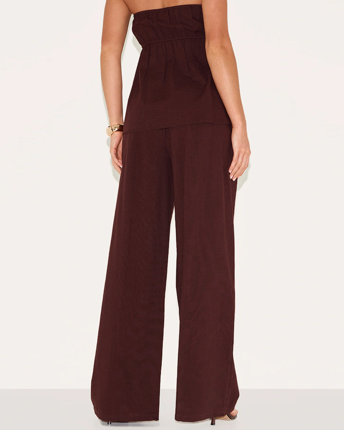 coord sets,bottomwear, topwear,casual chic, vacation, outdoor events, summer,urban fit, genz,woven,cotton,gathers,dark brown,solid,gathers,,,fit and flare fit,bandeau,waist length top,flared hem,off shoulder,no straps ,no sleeves,sleeveless,slip on,pants,wide leg pants,full length,straight hem,mid rise waist,side pockets, OY3058, 25070027GG