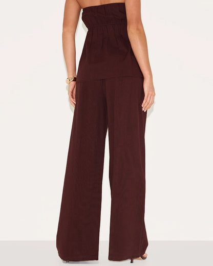 coord sets,bottomwear, topwear,casual chic, vacation, outdoor events, summer,urban fit, genz,woven,cotton,gathers,dark brown,solid,gathers,,,fit and flare fit,bandeau,waist length top,flared hem,off shoulder,no straps ,no sleeves,sleeveless,slip on,pants,wide leg pants,full length,straight hem,mid rise waist,side pockets, OY3058, 25070027GG