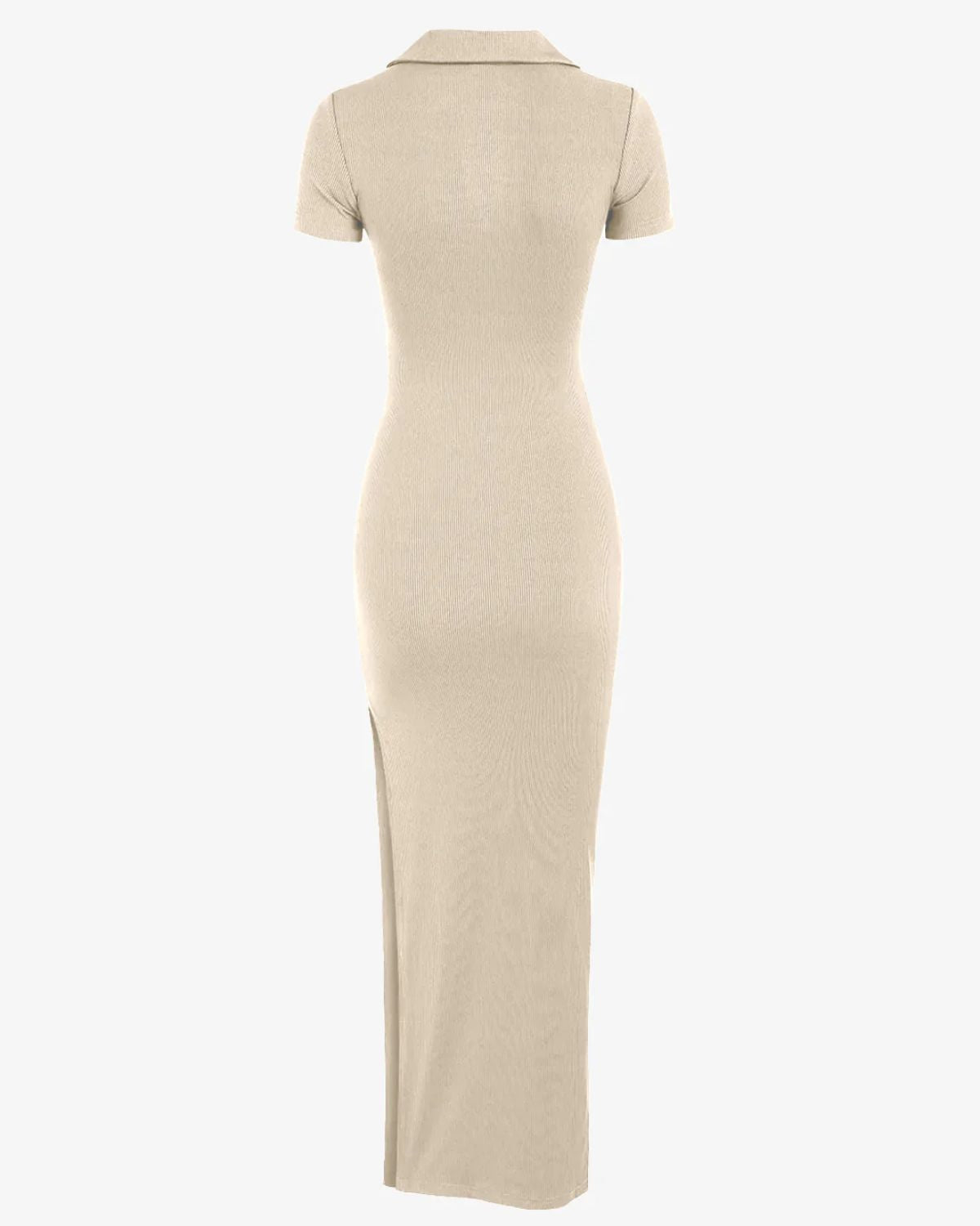 knitted-maxi-dress,BEIGE MAXI DRESS WITH SLIT,dresses,dresses,casual,streetwear,knitted, stretchable,ribbed,beige,solid,slit,skinny fit,slit,maxi,collared,short sleeves,