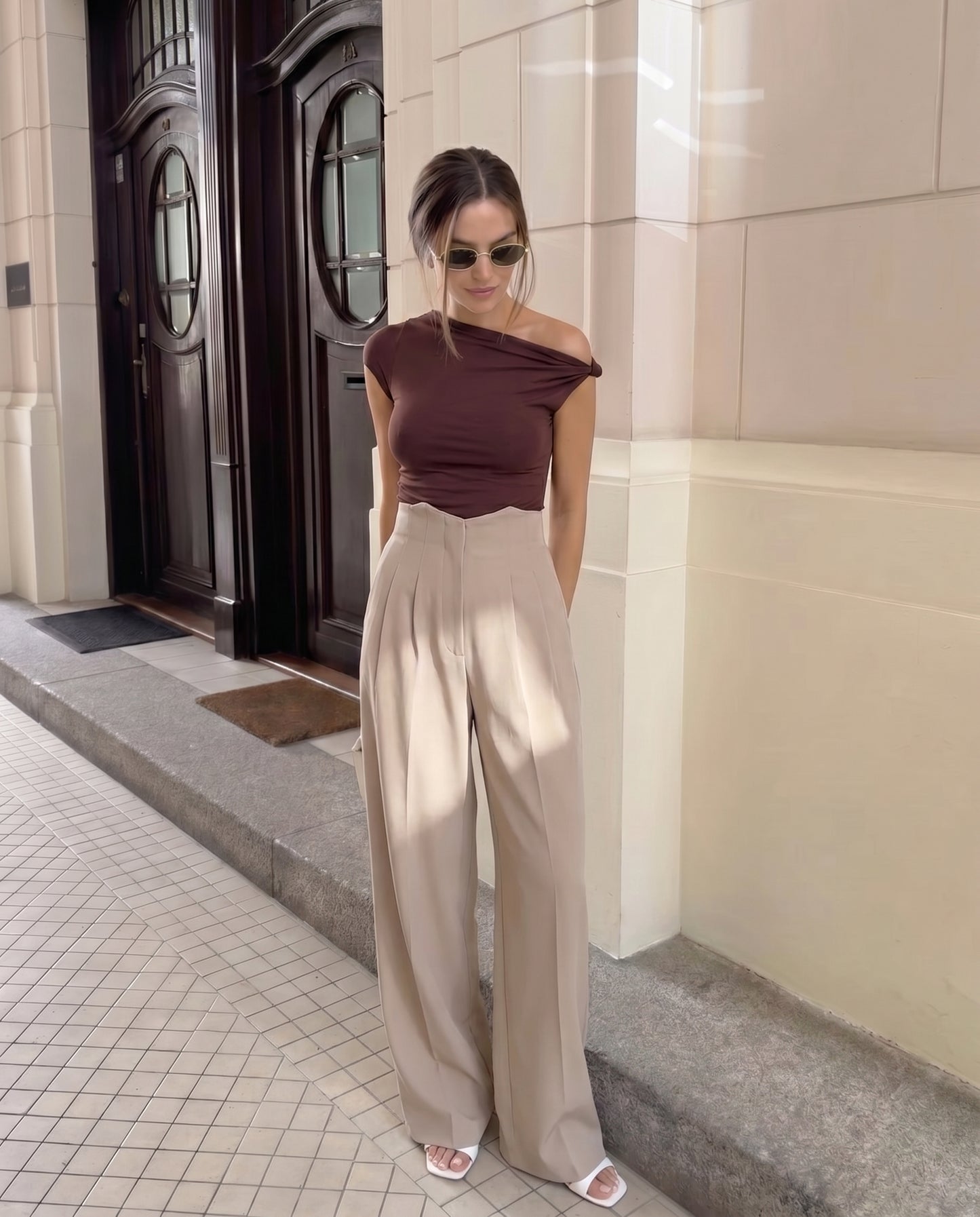 Brown Knot Fitted Top and Corset Waist Pleated Pants