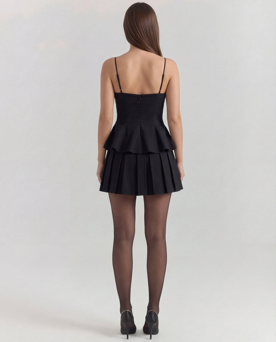 Black Spaghetti Top With Pleated Black Skirt