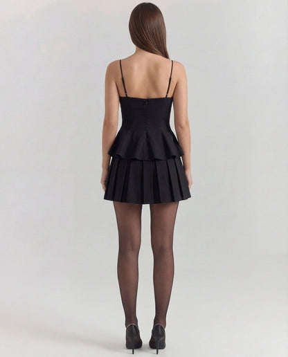 Black Spaghetti Top With Pleated Black Skirt