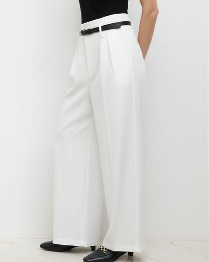 bottomwear,pants,semi-formal,business outfit,stretchable,polyester, spandex,white,pleated,tailored fit,wide leg,full length,high rise, 24090003GG, OY959