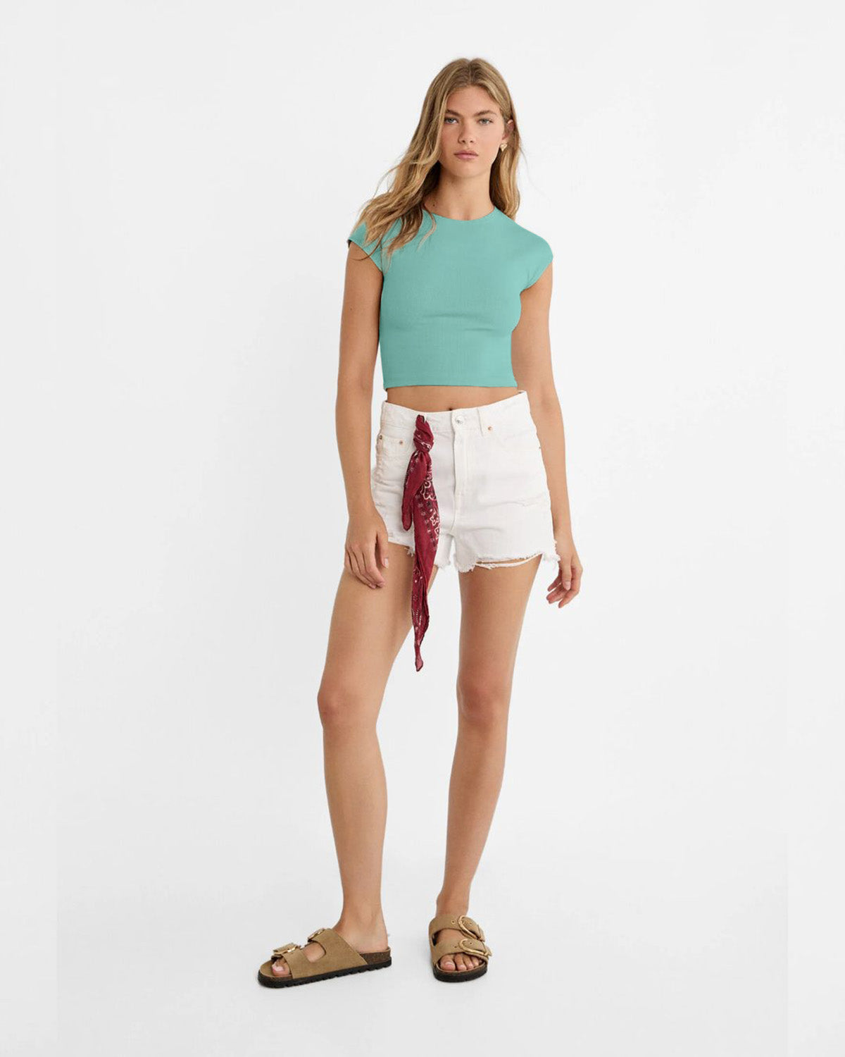 topwear,tops,casual,summer, streetwear,knitted, stretchable,cotton, ribbed,turquoise,solid,slim fit,fitted,crop,crew neck,cap sleeves,short sleeves,25040003GG, OY1247
