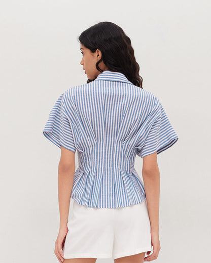 topwear,tops,casual, outdoor events,minimal, summer, streetwear,woven,linen,printed,blue,color block, pinstripes,pleated, pinstripes,button,tailored fit,fit and flare,waist length,curved hem,shirt collar,batwing sleeve,short sleeves	25060048GG,OY2016