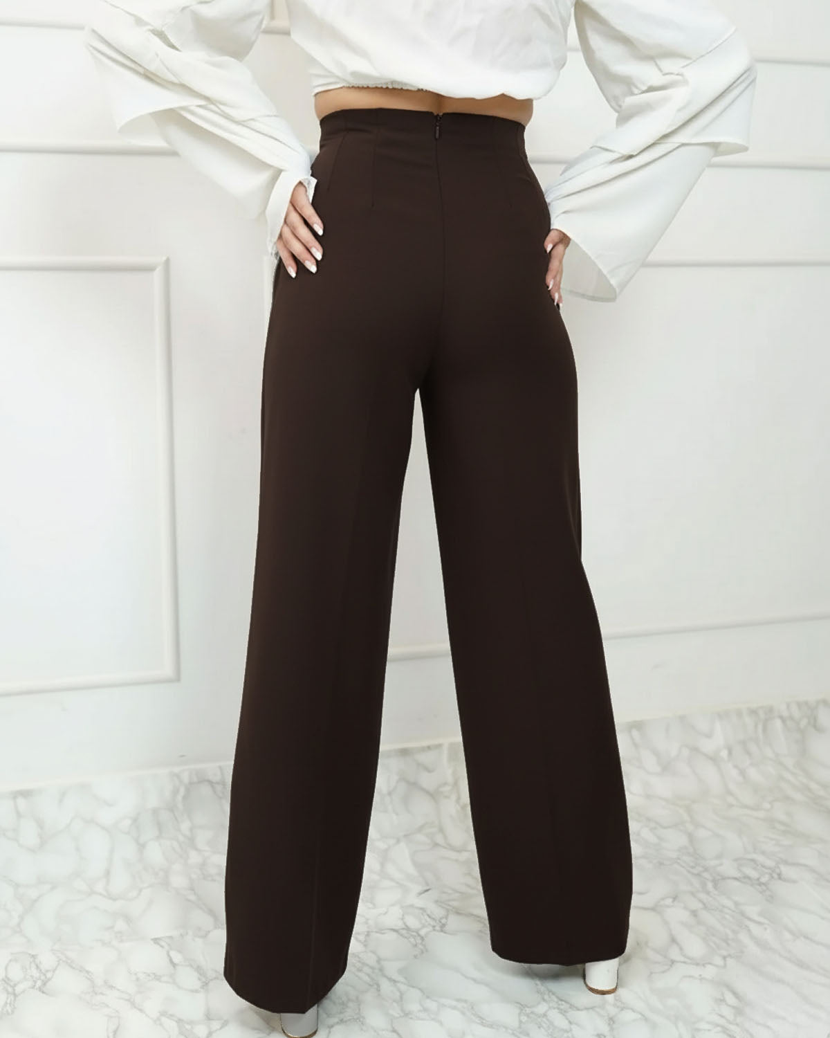 bottomwear,pants,semi-formal,business outfit,stretchable,polyester, spandex, dark brown, pleated,straight fit,straight,full length,high rise, OY956,, 25090069GG