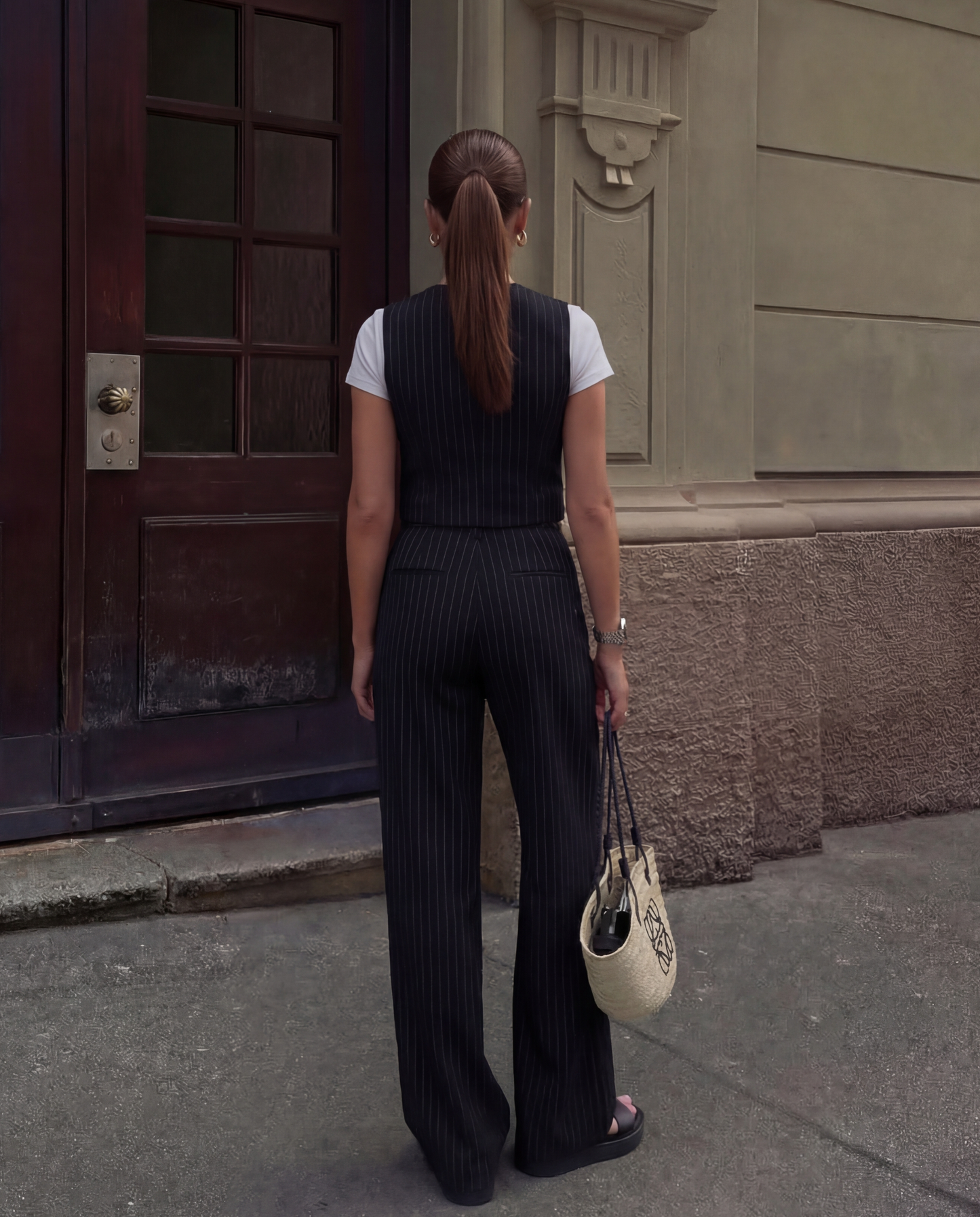 Black Pinstripe V Neck Vest and Pant Set