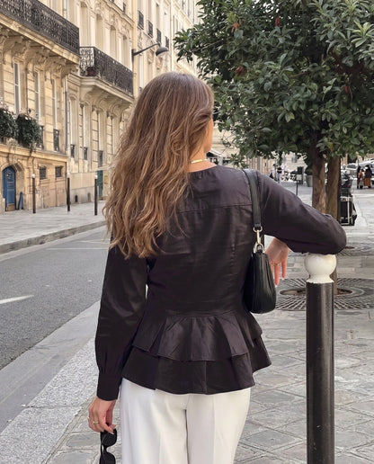 Double Layer Peplum V-Neck Top - Black