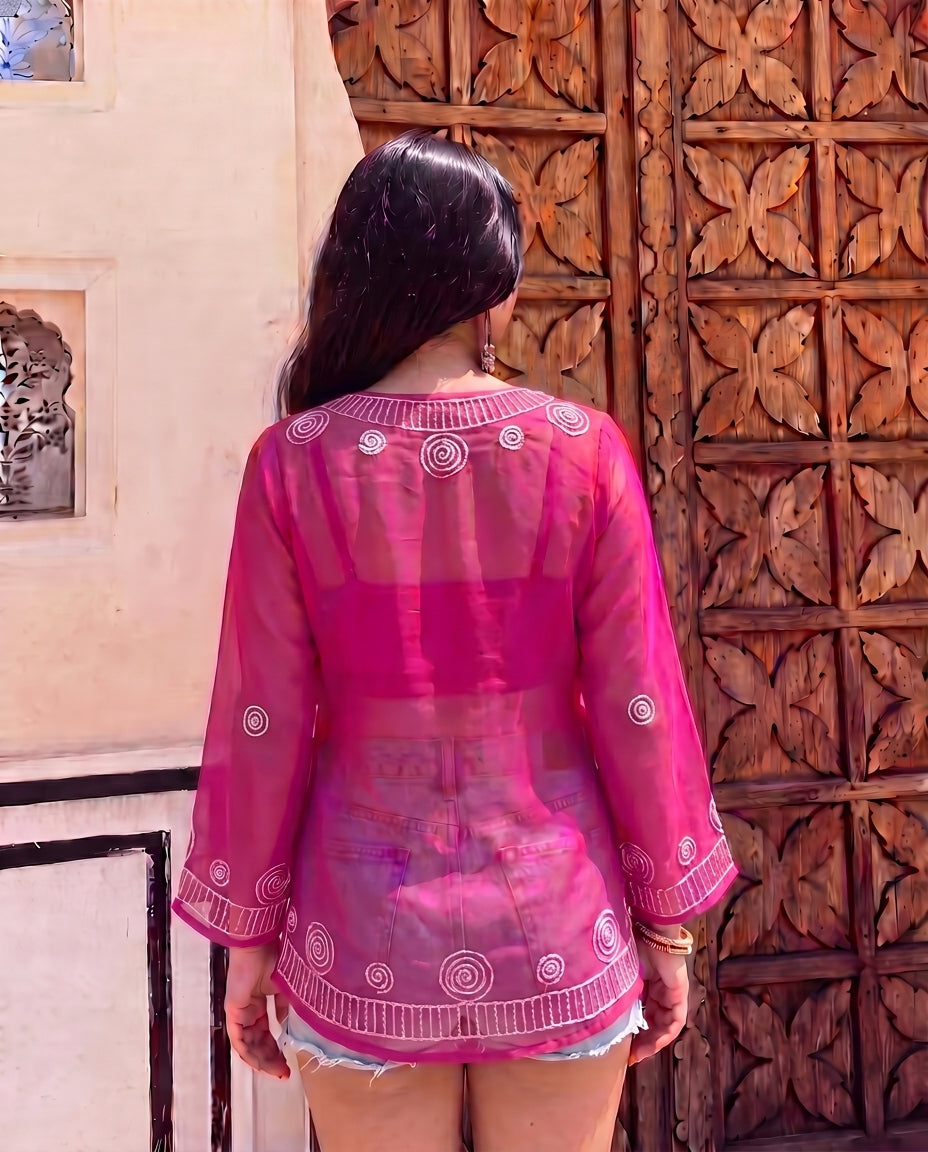 Embellished Flared Sleeve bohemian Top- Rani Pink