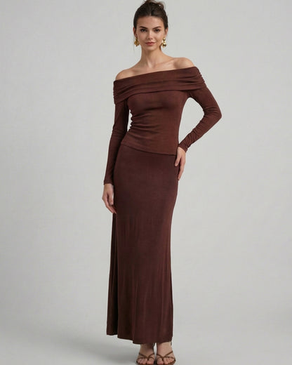 Brown Bardot Top With Skirt - Coord Set