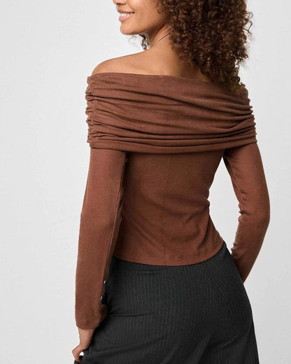 off-shoulder-bardot-top-with-long-sleeves-brown-oy1518,25010018GG52,topwear,tops,party, vacation, outdoor events,bold, glam, streetwear,knitted,ribbed,brown,solid,slim fit,bardot,regular,off shoulder,long sleeves,Color: Brown
Fabric: Ribbed
Fit: Slim Fit 
Length: Regular
Neck: Off Shoulder
Sleeves: Long Sleeves
Print: Solid,OFF SHOULDER BARDOT TOP WITH LONG SLEEVES