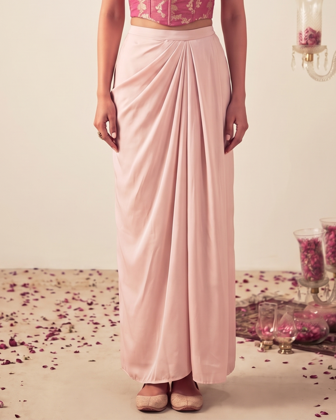 Light Pink Brocade Top and Satin Skirt Set