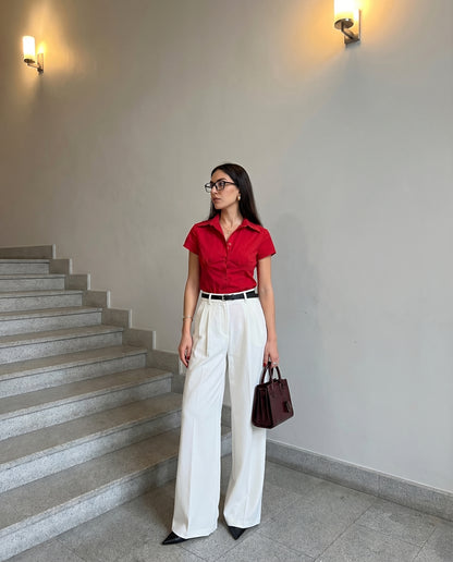 Red waist fitted shirt with white pants with Belt