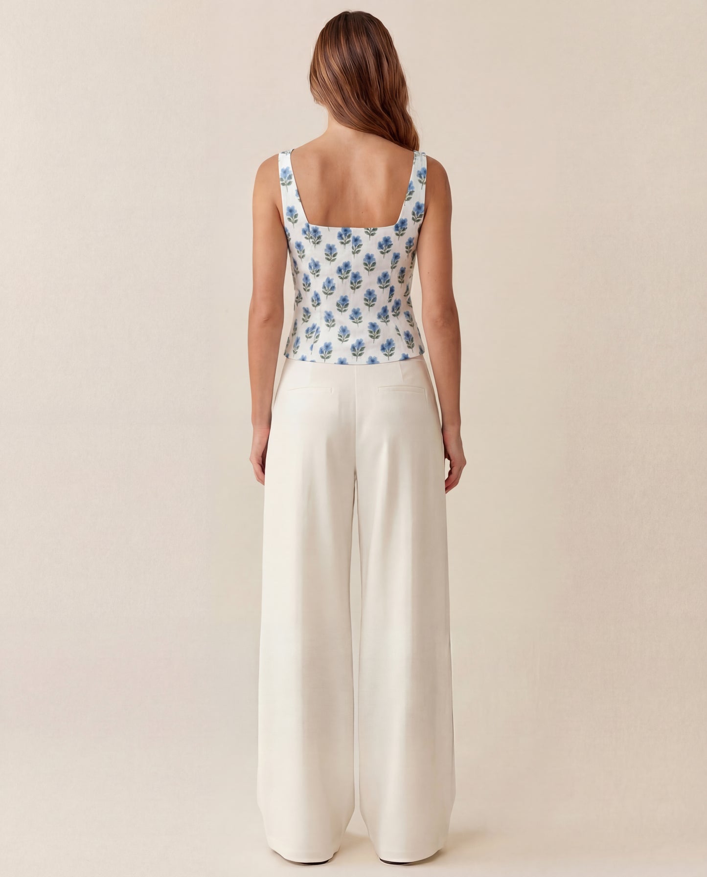 Printed Floral Corset Top With Pleated Korean Pants (Belt Included)