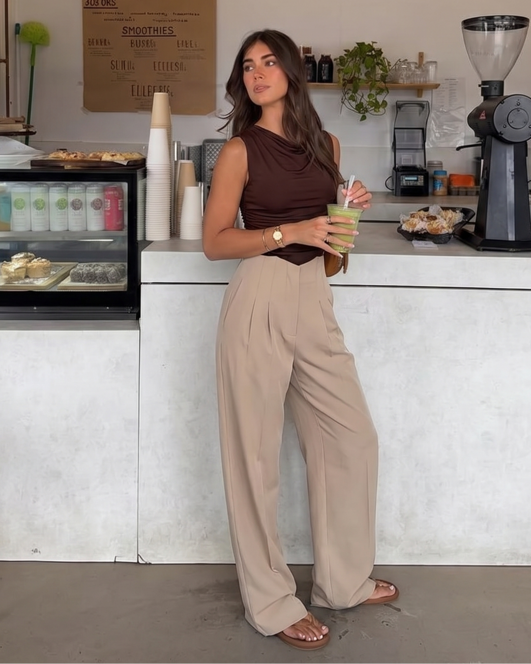 Earthy Brown Cowl Top and Corset Waist Pleated Pants