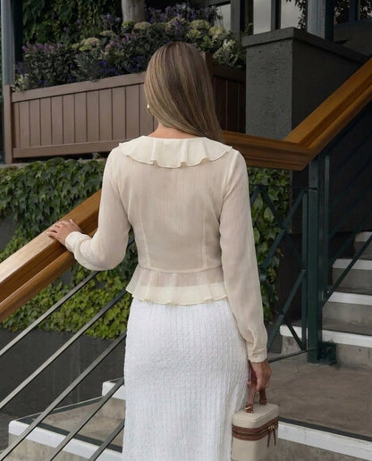 Ruffled Tie Front Flared Sleeve Top - Ivory
