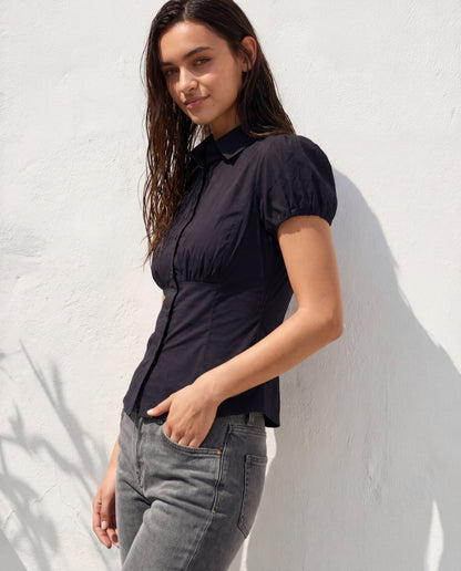 topwear,tops,casual, semi-formal,minimal, summer, timeless,woven,cotton,black,solid,ruched,button,slim fit,waist length,curved hem,collared,puff sleeves,OY1905	,25060005GG