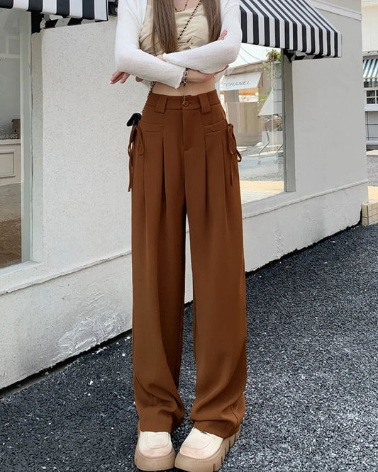 bottomwear,pants,semi-formal,workwear,stretchable,polyester, spandex,NA,rust,pleated,NA,relaxed fit,wide leg,full length,NA,high rise