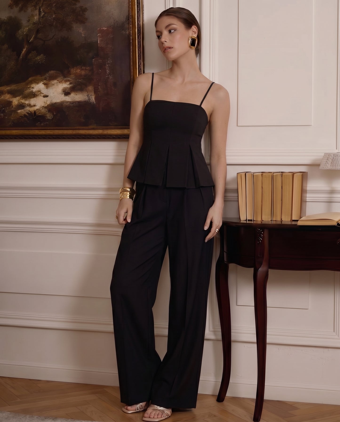 Black Pleated Spaghetti Top and Smocked Detail Korean Trousers
