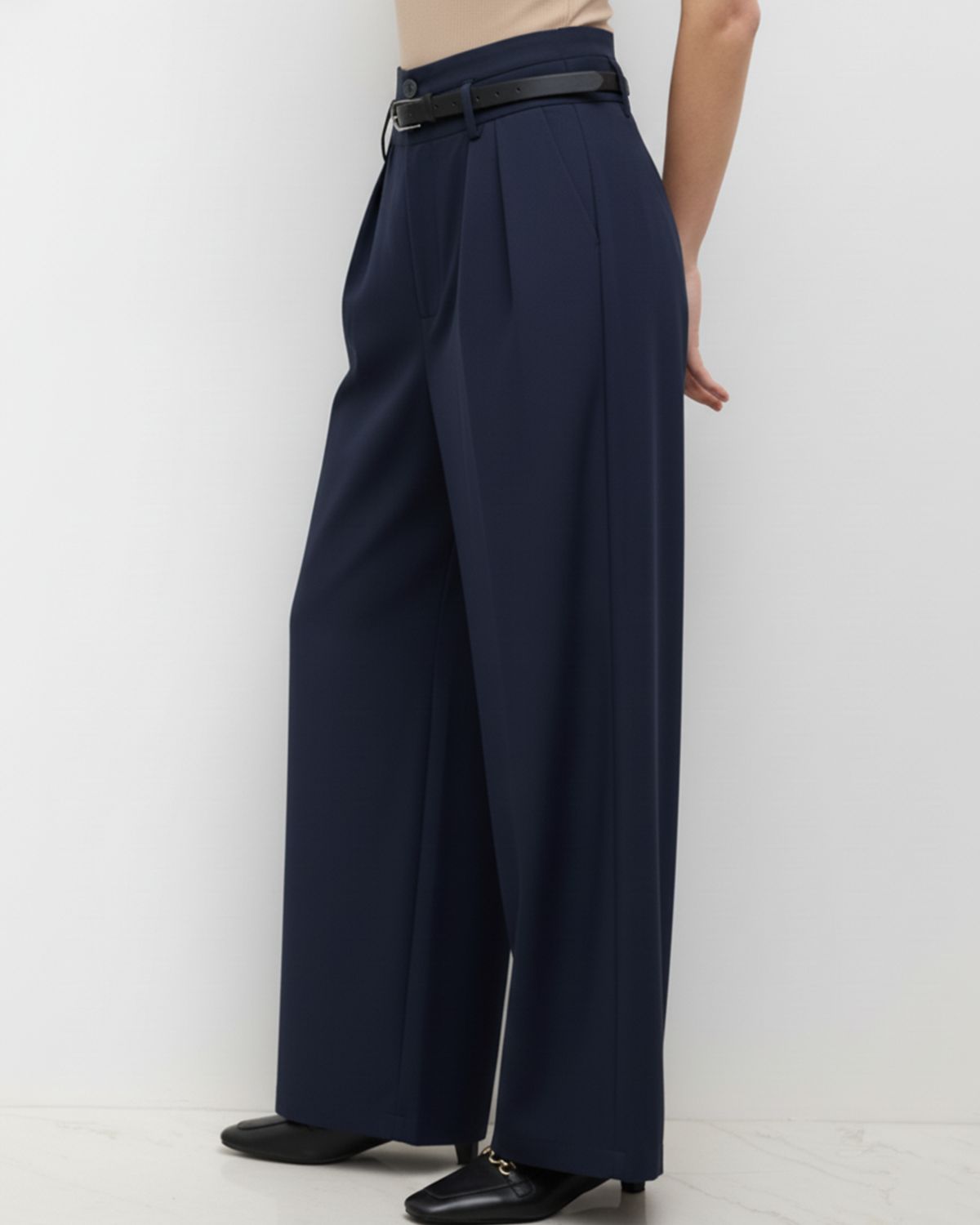 bottomwear,pants,semi-formal,business outfit,stretchable,polyester, spandex,navy blue,pleated,tailored fit,wide leg,full length,high rise, OY-959- NAVY, 25090075GG