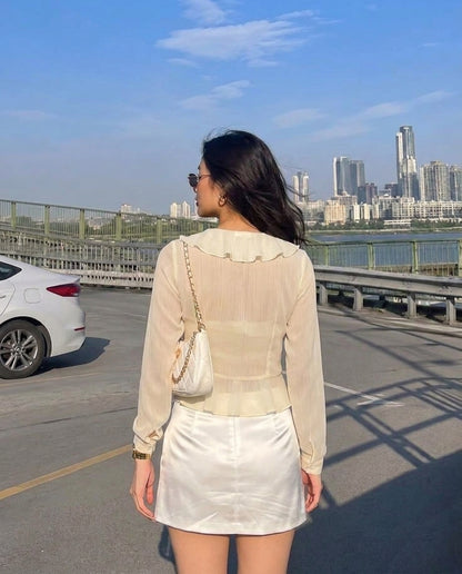 Ruffled Tie Front Flared Sleeve Top - Ivory
