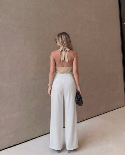 Sculpted Waist Pleated White Trousers