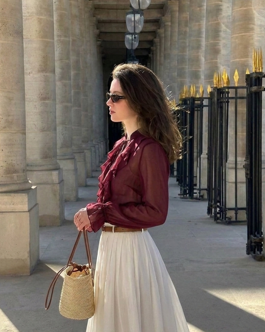 Ruffled Tie Front Flared Sleeve Top - Burgundy