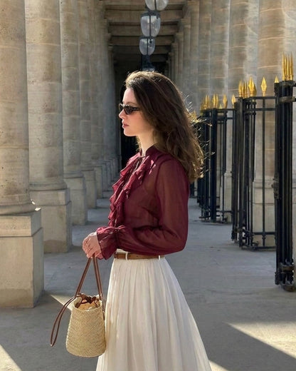 Ruffled Tie Front Flared Sleeve Top - Burgundy