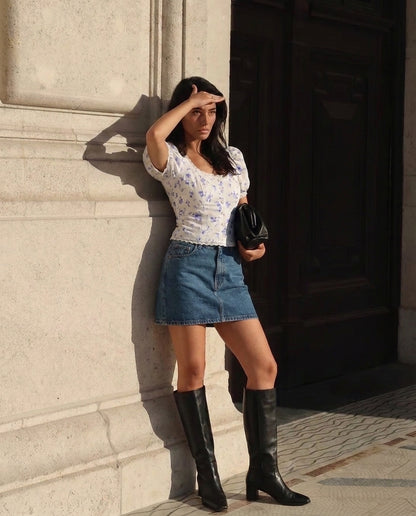 White Florals Lace-Trim Fitted Button-Up Top