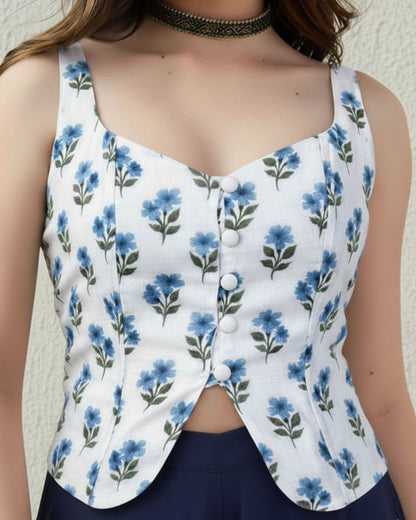 topwear,tops,ethnic, indo-western,ethnic wear, festive wear, indian wear, summer, casual,woven,poly cambric,printed,white,floral print,slit in front,button ,skinny fit,slim fit top,waist length,curved hem,diamond neck,shoulder strap,no sleeves,sleeveless	OY3007, 25070048GG
