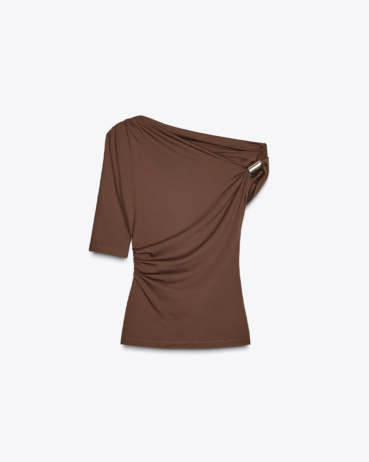 topwear,tops,casual, casual chic,glam, summer,knitted, stretchable,ribbed,brown,solid,gathered,golden trims,skinny fit,fitted,longline,straight hem,asymmetric neck,no straps,one shoulder,short sleeves	OY2151, 25080005GG